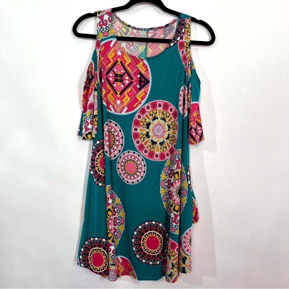 Cold Shoulder Teal Green with Medallion Print Tunic Top or Dress Scoop Neck